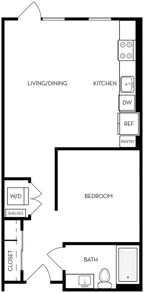 Floor plan for studio, 1 bath, 614 sqft